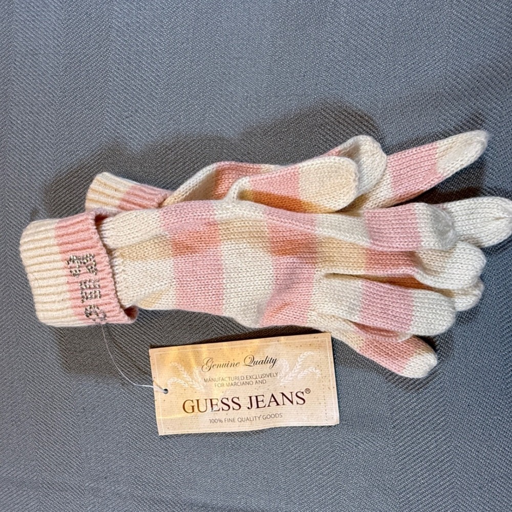 Guess Jeans Striped Knit Gloves Blush Milk Rhinestone Logo Cashmere Blend 2258